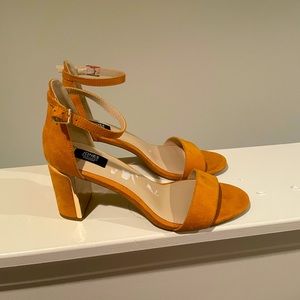 Mustard yellow gold block heeled sandals